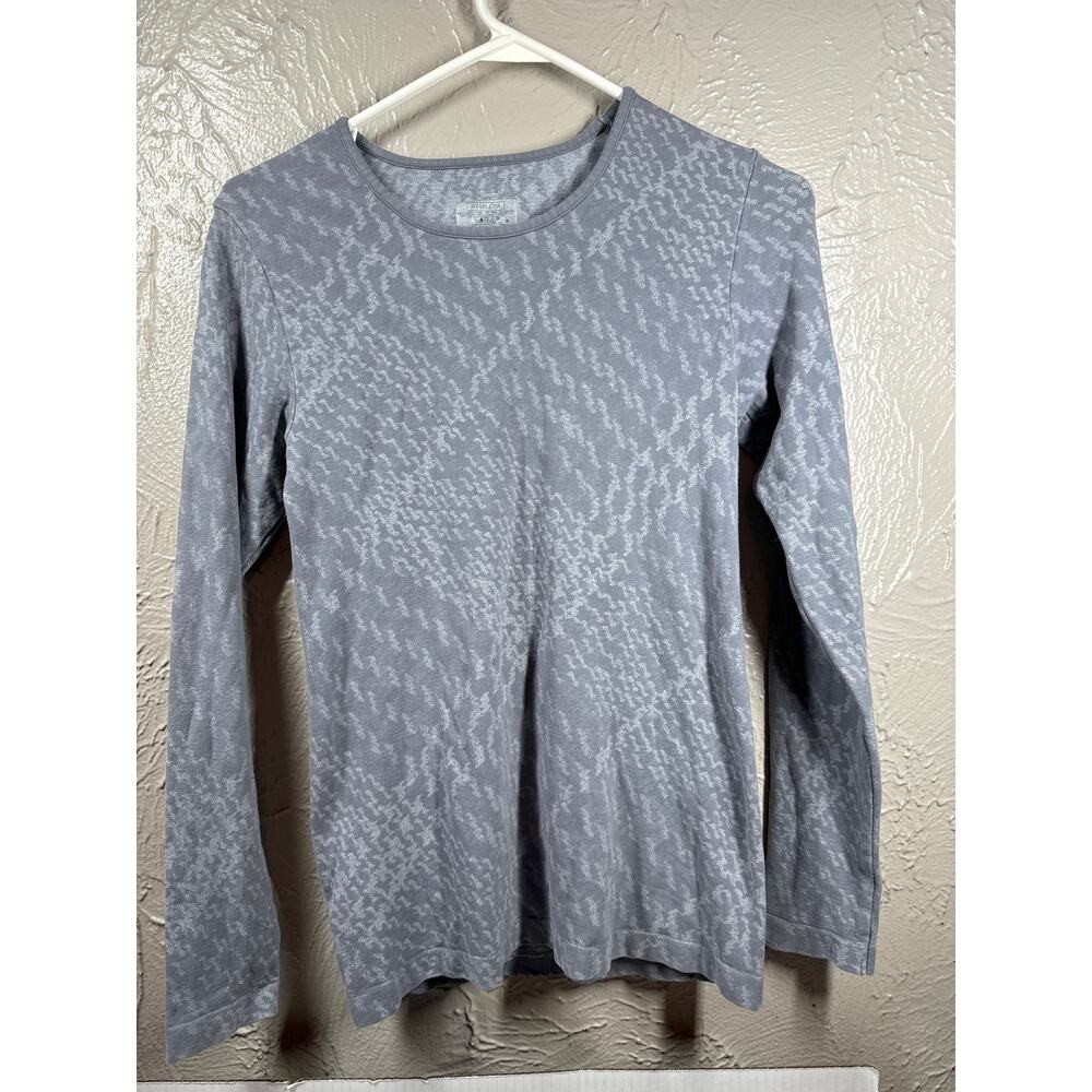 Athleta Womens Long Sleeve Gray Printed Top Stretch Fitted Organic Yoga Sz Small